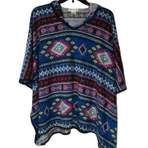 belle du jour Bohemian Poncho Aztec Tribal Print Hooded Jersey Knit Size Small